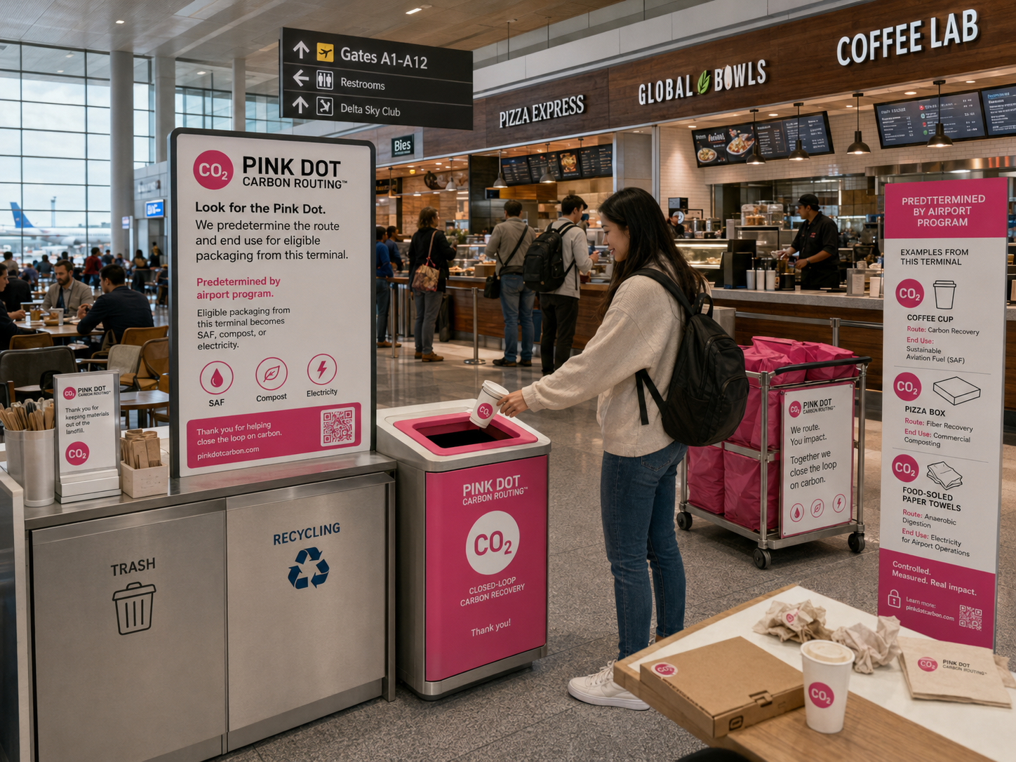 Pink Dot Carbon Routing in an airport terminal